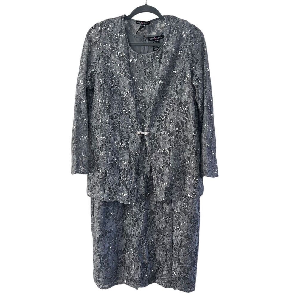 Woman Within Women's 14W Grey Lace Sequin 2pc Jacket Dress Suit Evening